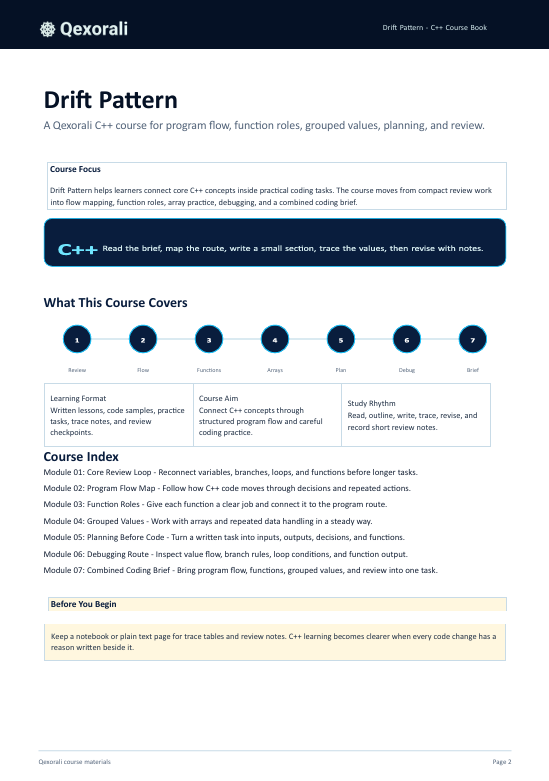 A digital screenshot of a QeXorali C++ course page titled 'Drift Pattern', outlining the course curriculum, modules, and learning objectives on a white background.