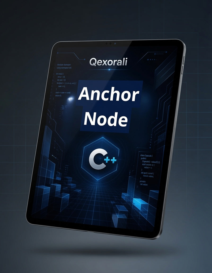 A tablet device shown at an angle against a dark blue-gray tech-style background, with the screen displaying the text 'Qexorali Anchor Node' and a glowing C++ logo.