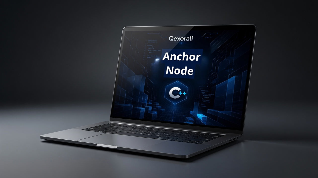 A dark gray laptop shown open on a dark studio background, with the screen displaying the text 'Qxorali Anchor Node' and a blue C++ logo.