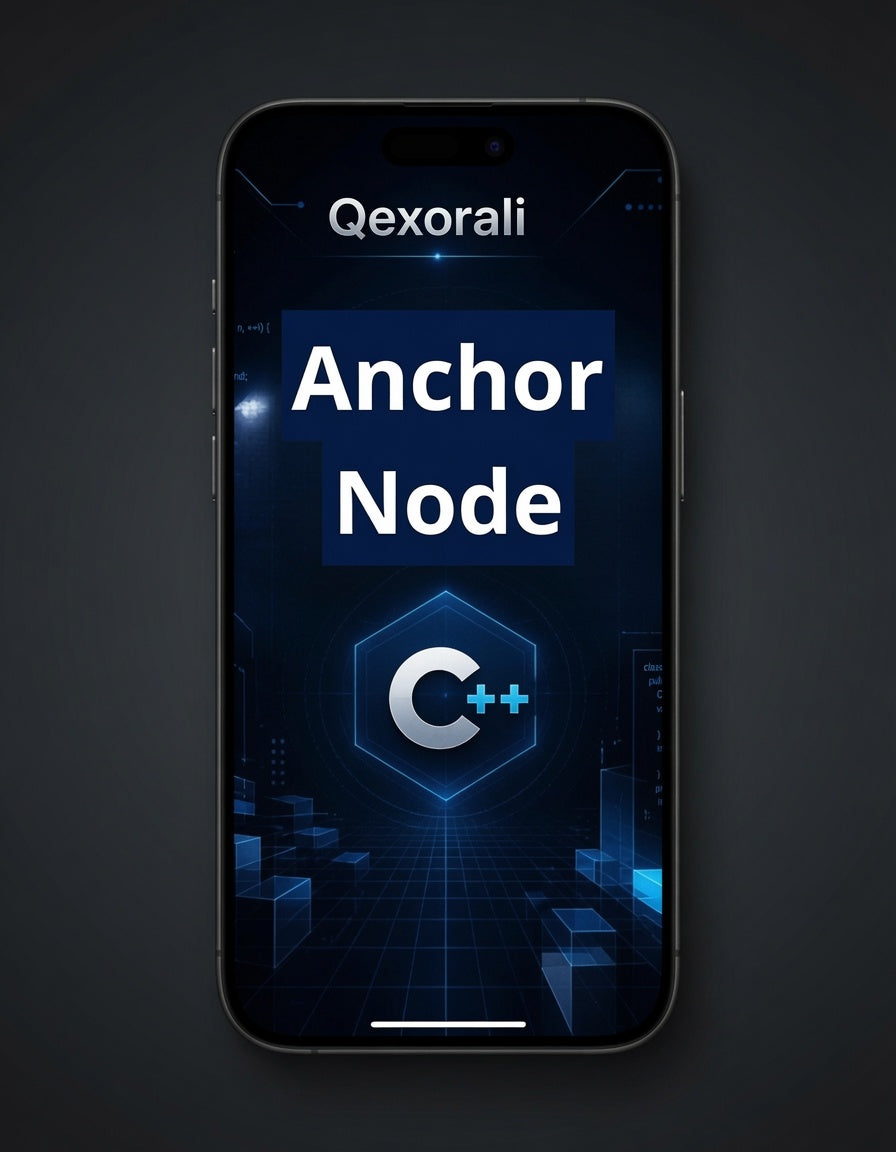 A smartphone centered on a dark background, displaying a blue and black digital interface with the text 'Qexorali', 'Anchor Node', and a large 'C++' logo.