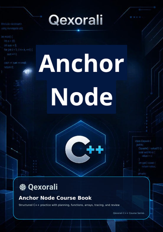 Book cover for 'Anchor Node' by Qexorali, designed as a dark blue and black digital interface with glowing blue lines, code snippets, and a prominent 'C++' logo in the center.