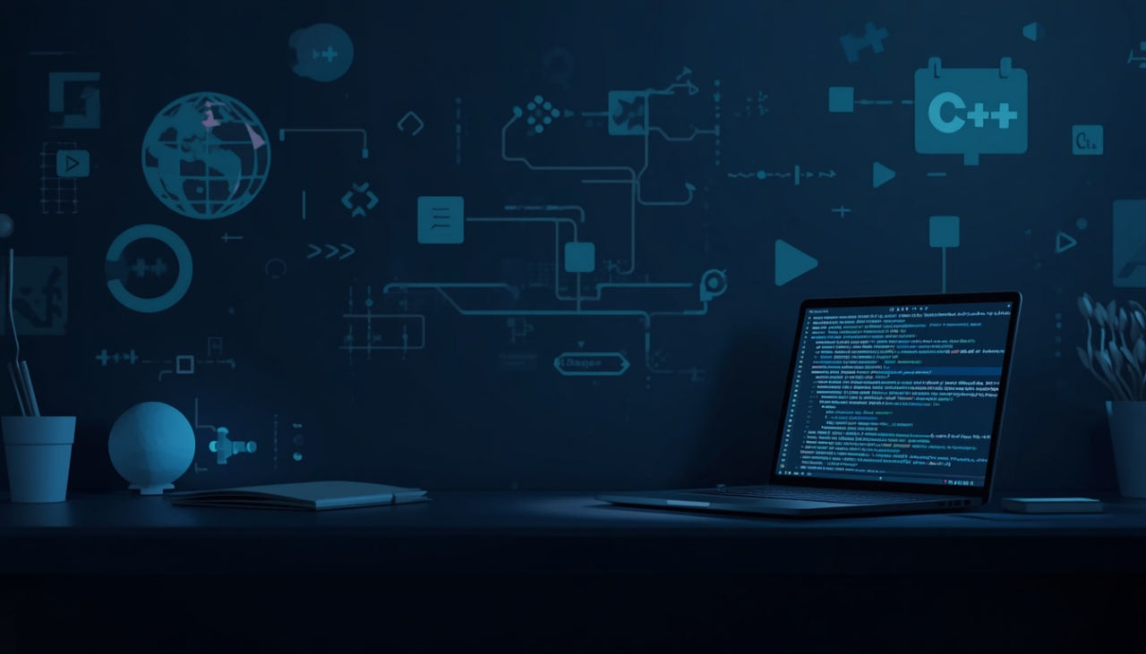 A dark, moody desk setup in a blue-lit room with a laptop displaying code on the screen, surrounded by tech-themed icons and diagrams on the wall, including a prominent C++ symbol.