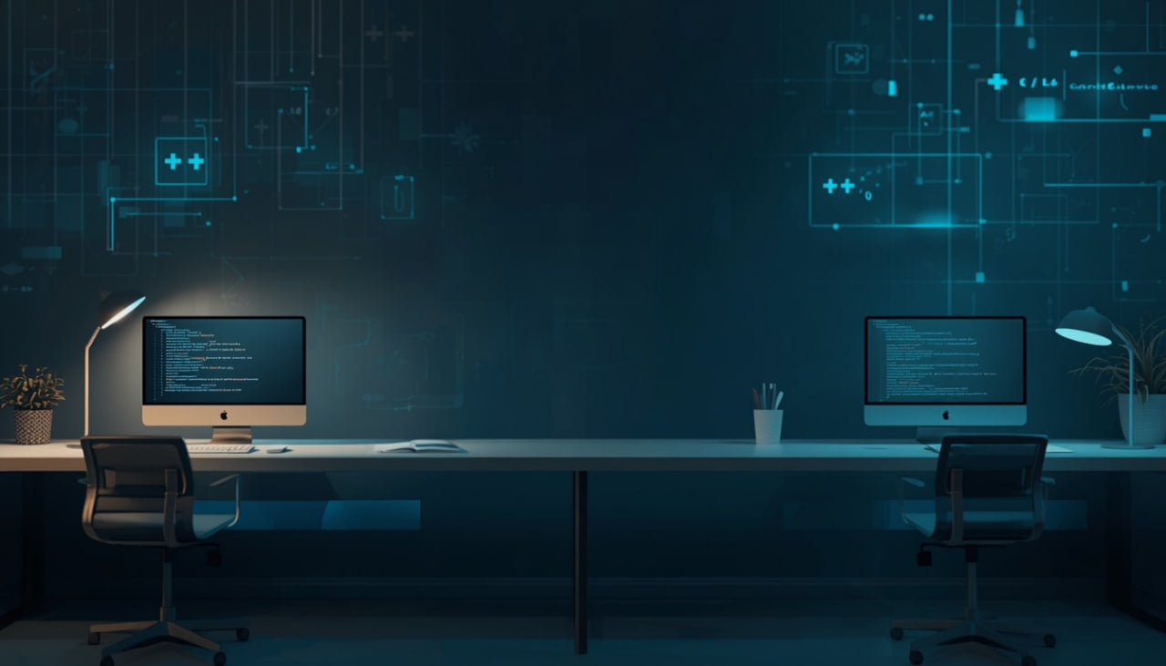A modern dual-desk office setup in a dark, futuristic room. Two computer monitors sit on long white desks, flanked by black office chairs and small lamps, with glowing blue digital interface graphics displayed on the wall behind them.