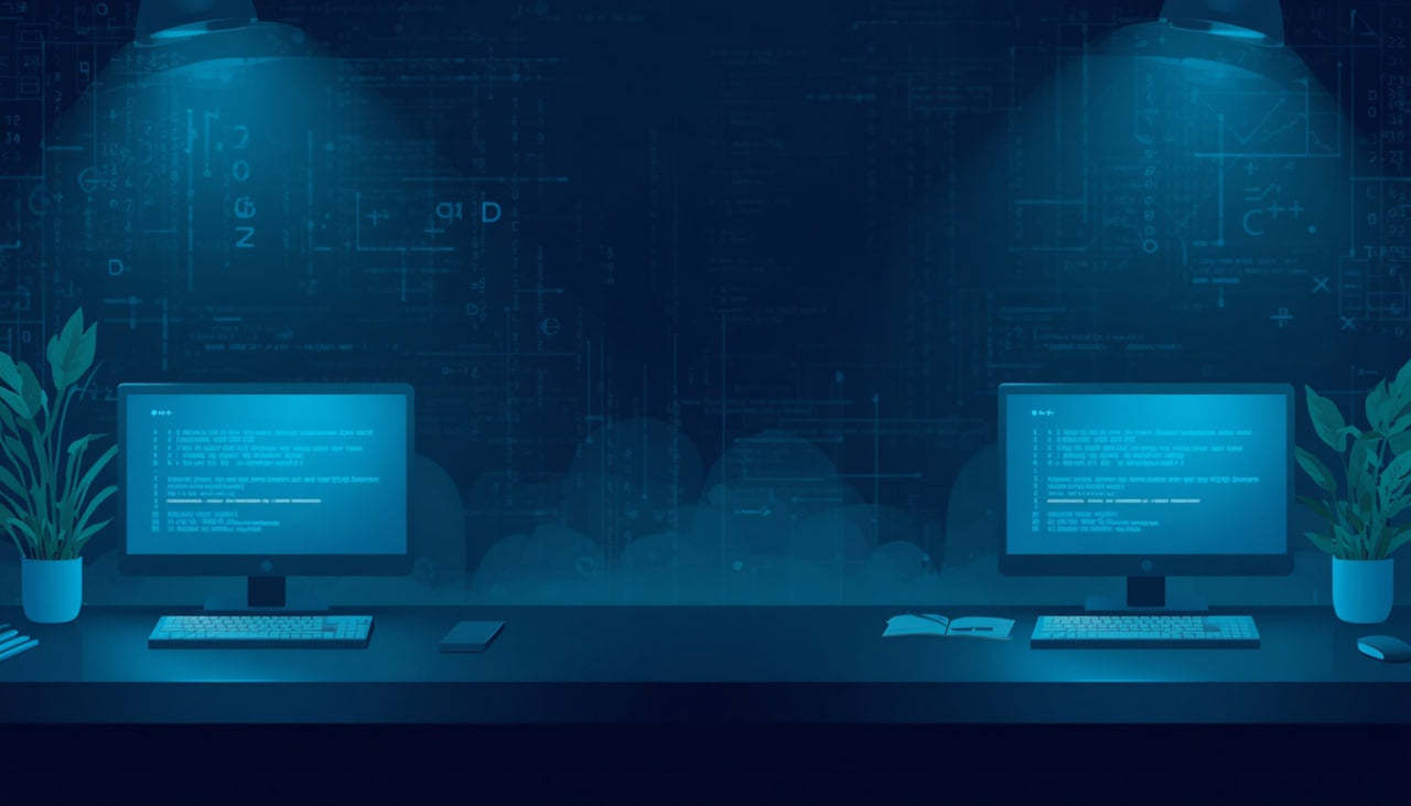 A dark, futuristic office or desk setup with two computer monitors glowing blue, lit by overhead spotlights against a tech-themed background with circuitry and code. Small potted plants sit on both sides of the desk.