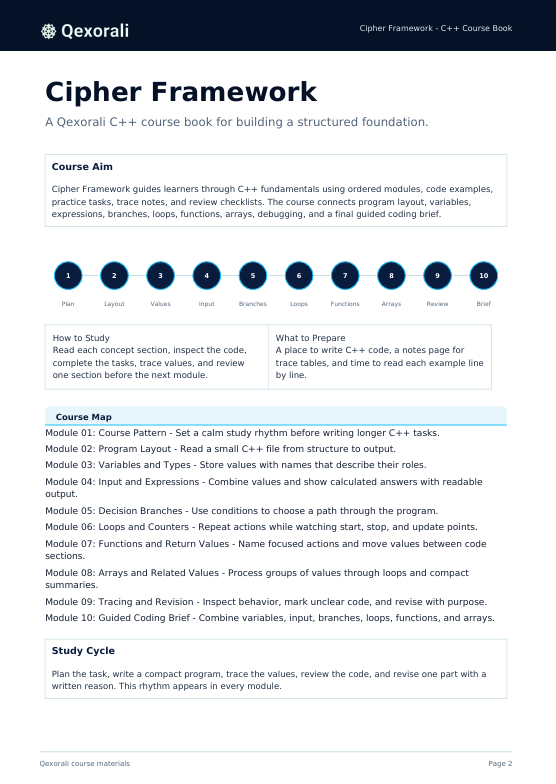 A digital preview page of a QeXqorali C++ course book titled 'Cipher Framework' on a white background with black text and light gray section boxes.