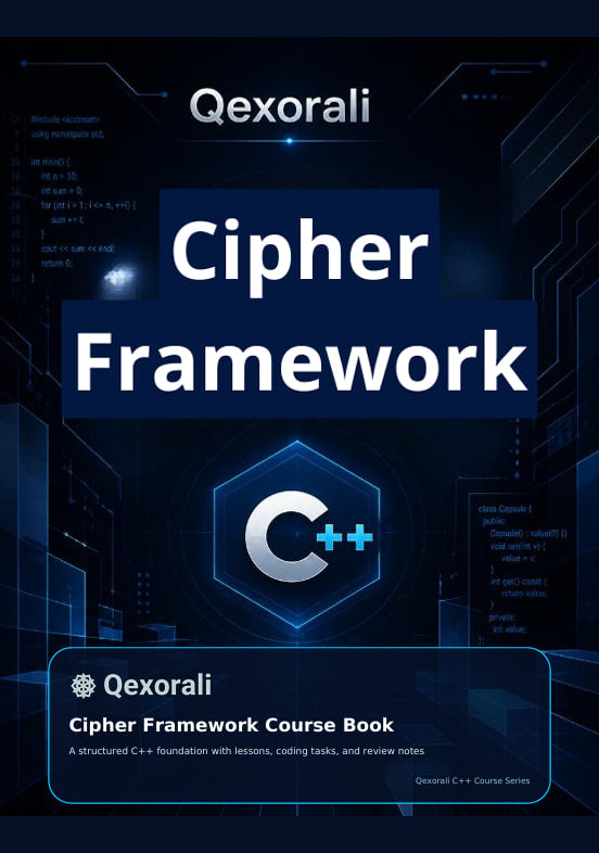 Book cover for 'Cipher Framework' by Qexorali, featuring a dark blue and black digital background with glowing blue tech elements and a large white C++ logo in the center.