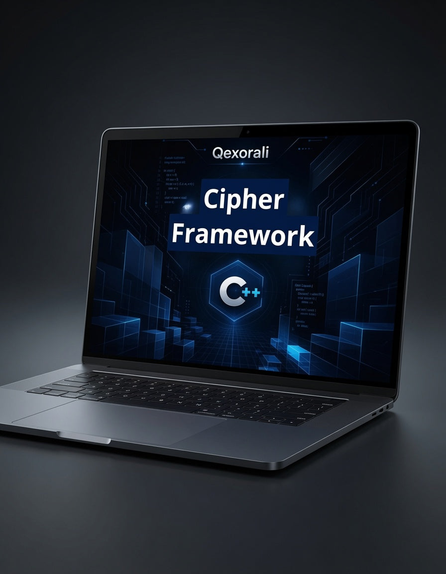 An open silver laptop on a dark surface, displaying a digital screen with the text 'Qxorali Cipher Framework' and a C++ logo on a blue tech-themed background.