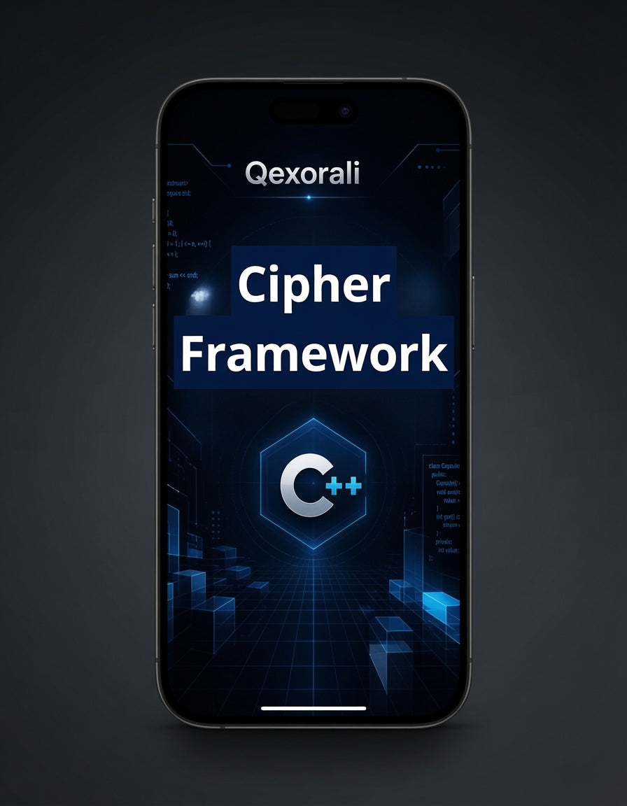 A smartphone centered on a dark gray background, displaying a futuristic blue app interface with the text 'Qexorali' and 'Cipher Framework' plus a C++ logo.