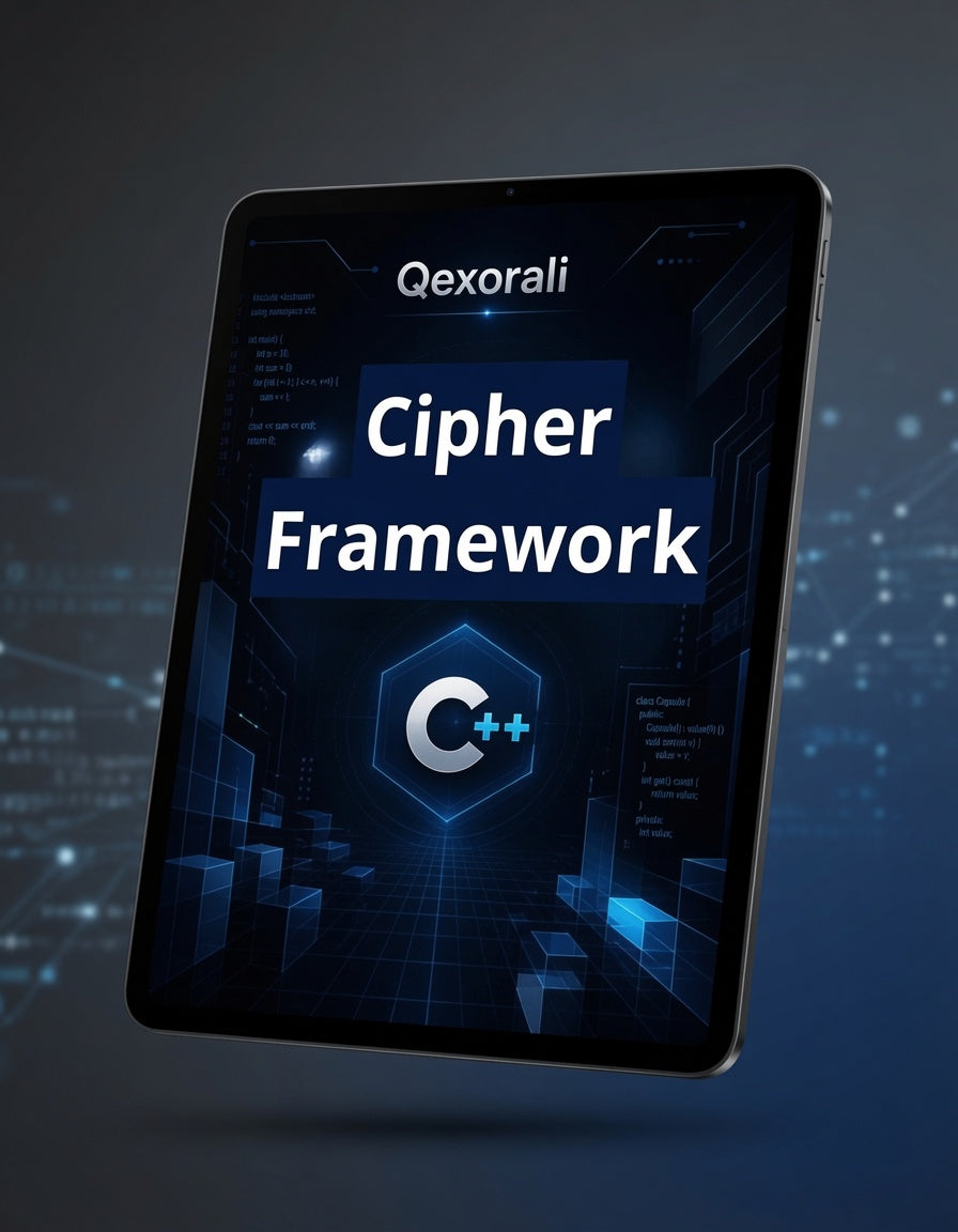 A digital promotional render of a tablet displaying the text 'Qexorali Cipher Framework' with a C++ logo, set against a dark blue tech-themed background.