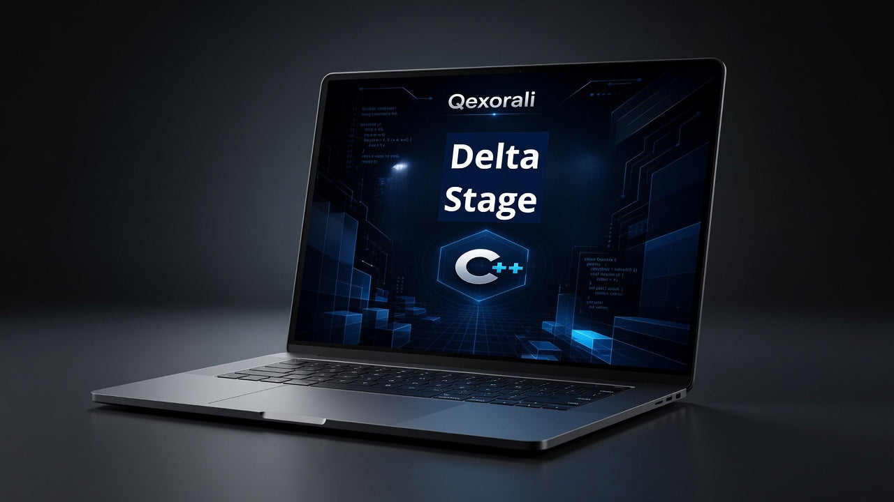 A silver laptop shown open on a dark studio background, with the screen displaying the text 'Qxorali Delta Stage' and a blue tech-themed graphic.