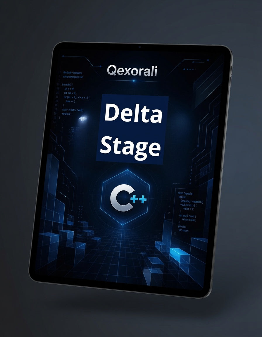 A tablet device shown at an angle against a dark gray background, displaying a digital cover titled 'Qexorali Delta Stage' with a blue and black futuristic C++ themed graphic and a large 'C++' logo on the screen.
