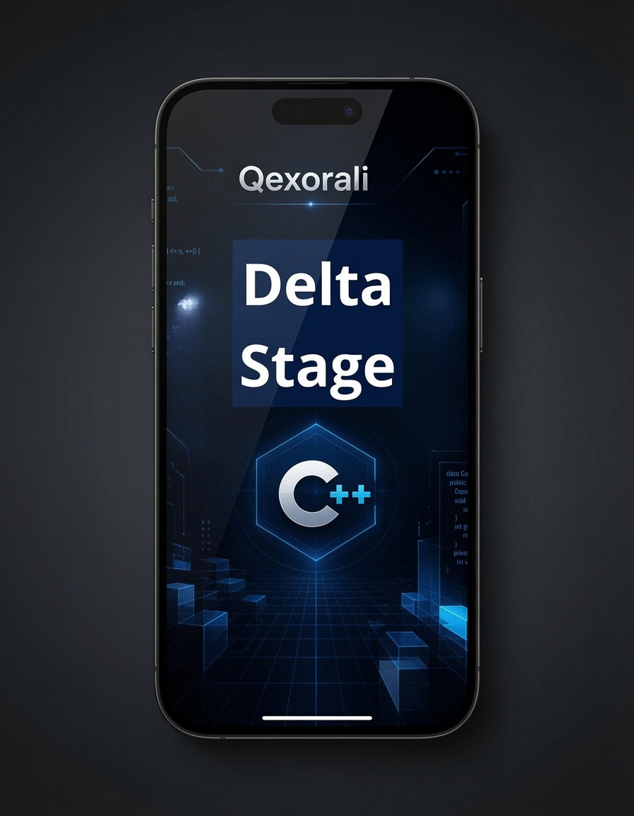 A smartphone centered on a dark background, displaying a futuristic blue app or game screen with the text 'Qexorali Delta Stage' and a glowing C++ logo.