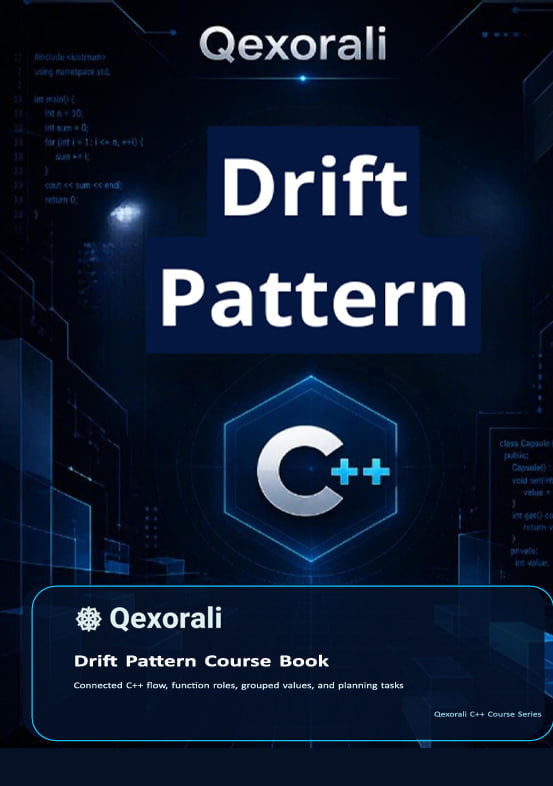 Digital cover of the Qexorali Drift Pattern Course Book for C++ programming, featuring a dark blue and black futuristic tech design with white and blue text and a C++ logo.