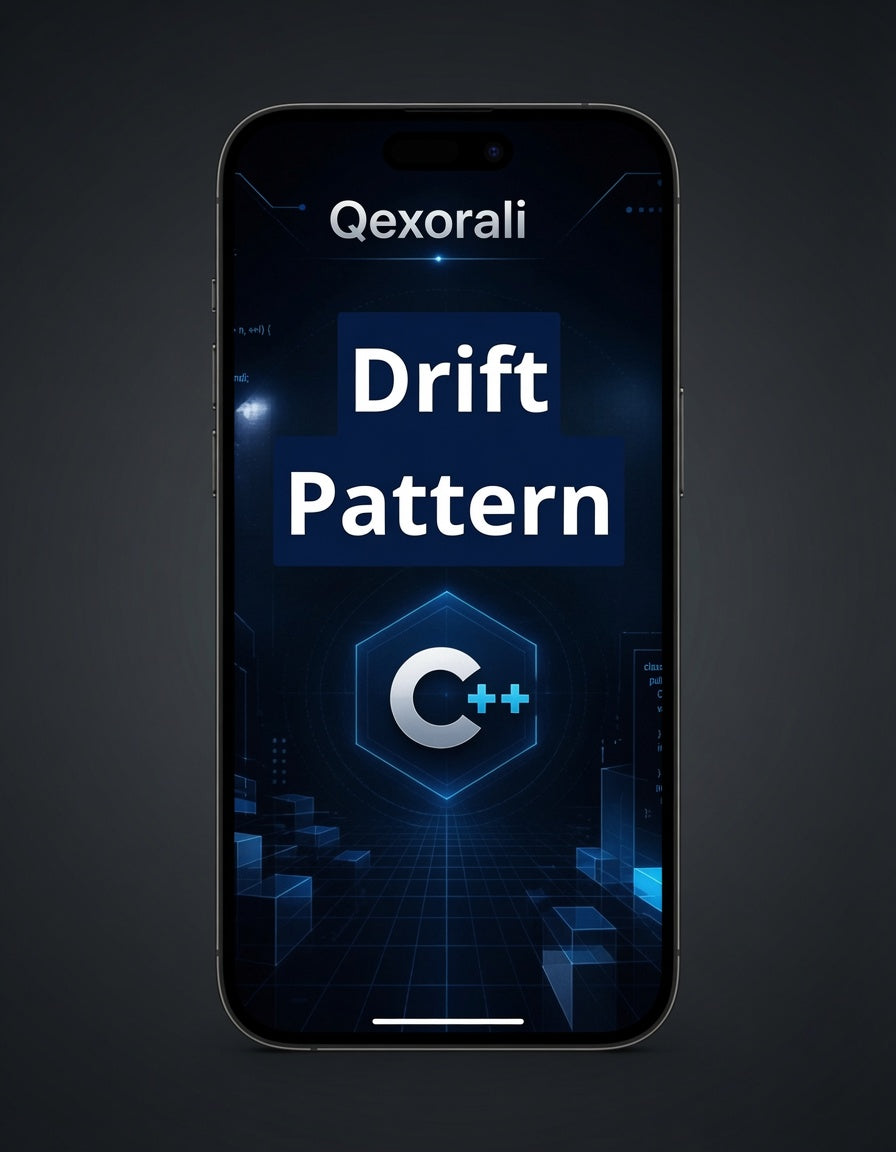 A smartphone centered on a dark gray background, displaying a blue and black app-style screen with the text 'Qxorali' and 'Drift Pattern' plus a C++ logo.