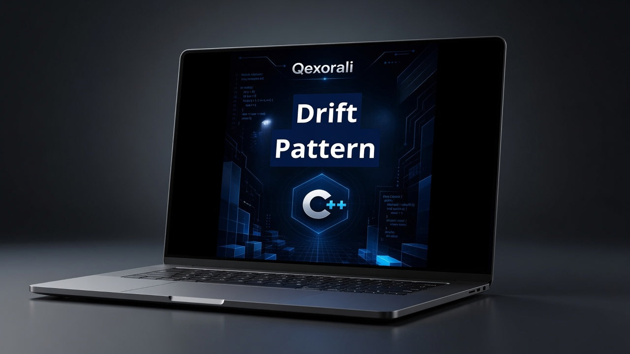 A silver laptop shown open on a dark surface, with the screen displaying the text 'Qexorali' and 'Drift Pattern' over a blue tech-style graphic.
