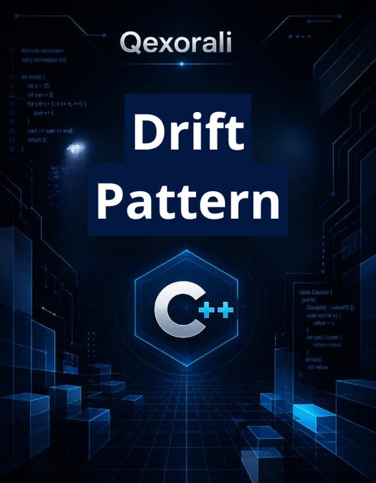 Digital cover graphic for 'Drift Pattern C++' by Qexorali, featuring a dark blue futuristic circuit board background with glowing blue blocks, white and blue text, and a prominent C++ logo.
