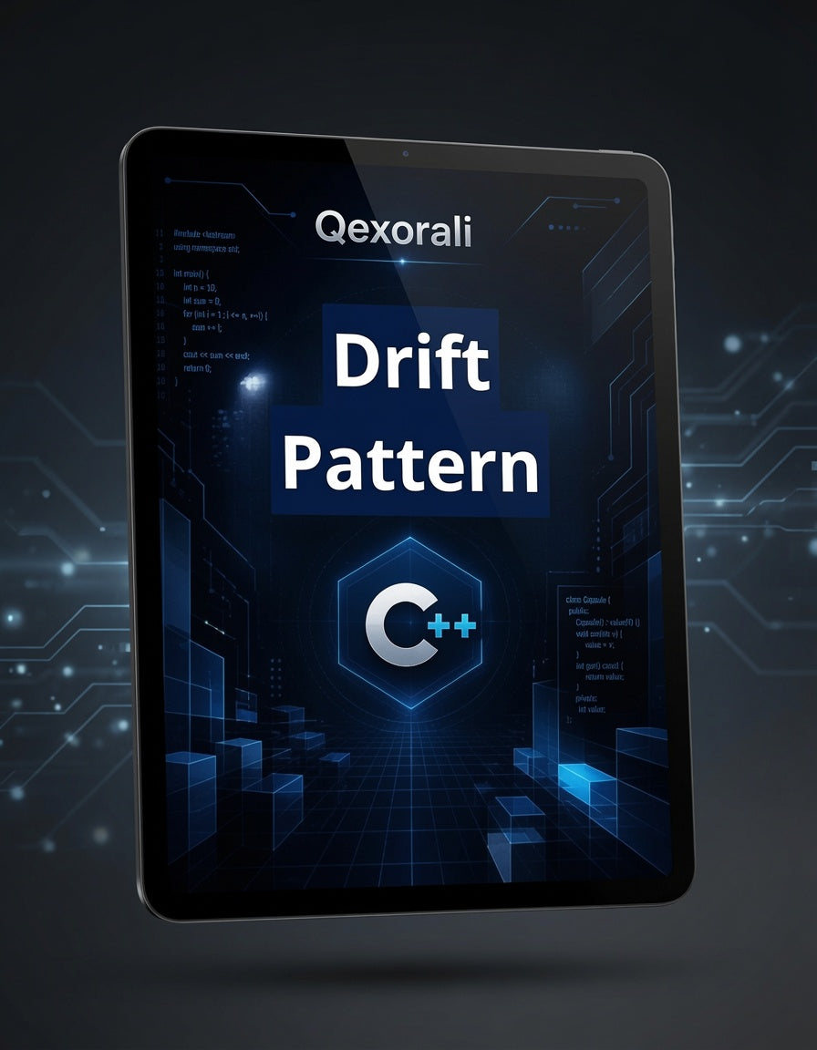 A tablet device displaying a digital cover titled "Qxorali Drift Pattern" with blue and white graphics and a C++ logo, set against a dark circuit-board background.