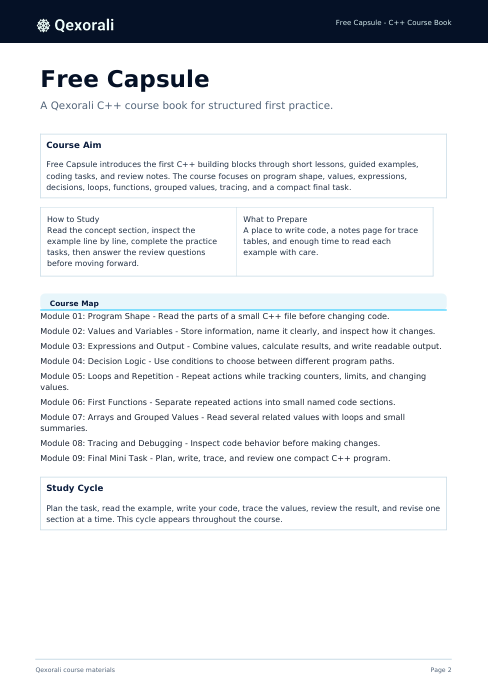 A digital preview page of a free C++ course book titled 'Free Capsule' by Qexorali, showing a course aim, study how, prepare what, module map, and study cycle in a clean, structured layout.