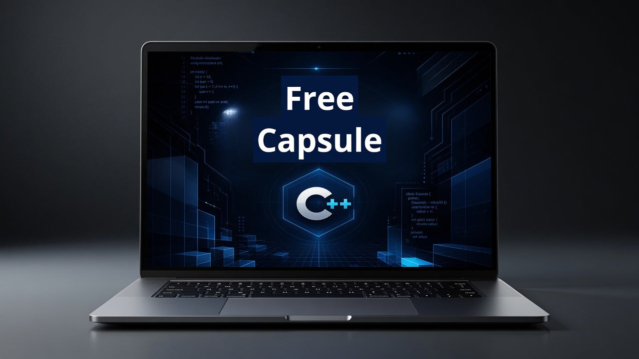 A silver laptop on a dark surface with a dark gray background, displaying a digital graphic on the screen that reads 'Free Capsule' with a C++ logo.