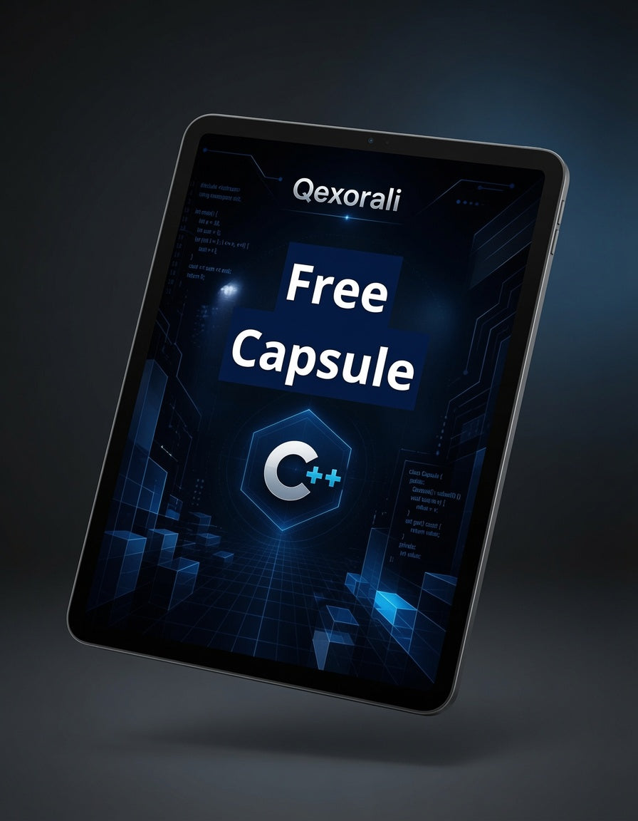 A tablet device shown at an angle against a dark gradient background, displaying a futuristic blue interface with the text 'Qxorali Free Capsule' and a circular 'C+' logo on the screen.