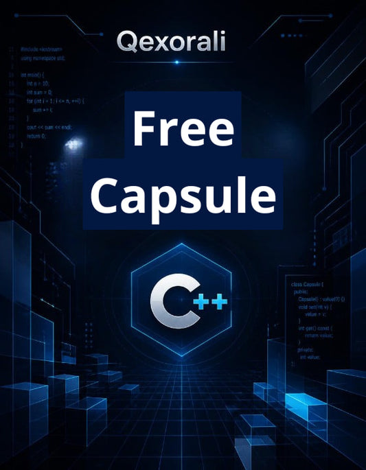 Promotional graphic for 'Qexorali Free Capsule C++' featuring a dark blue futuristic digital cityscape with glowing blue lines, code snippets, and a central hexagonal C++ logo.