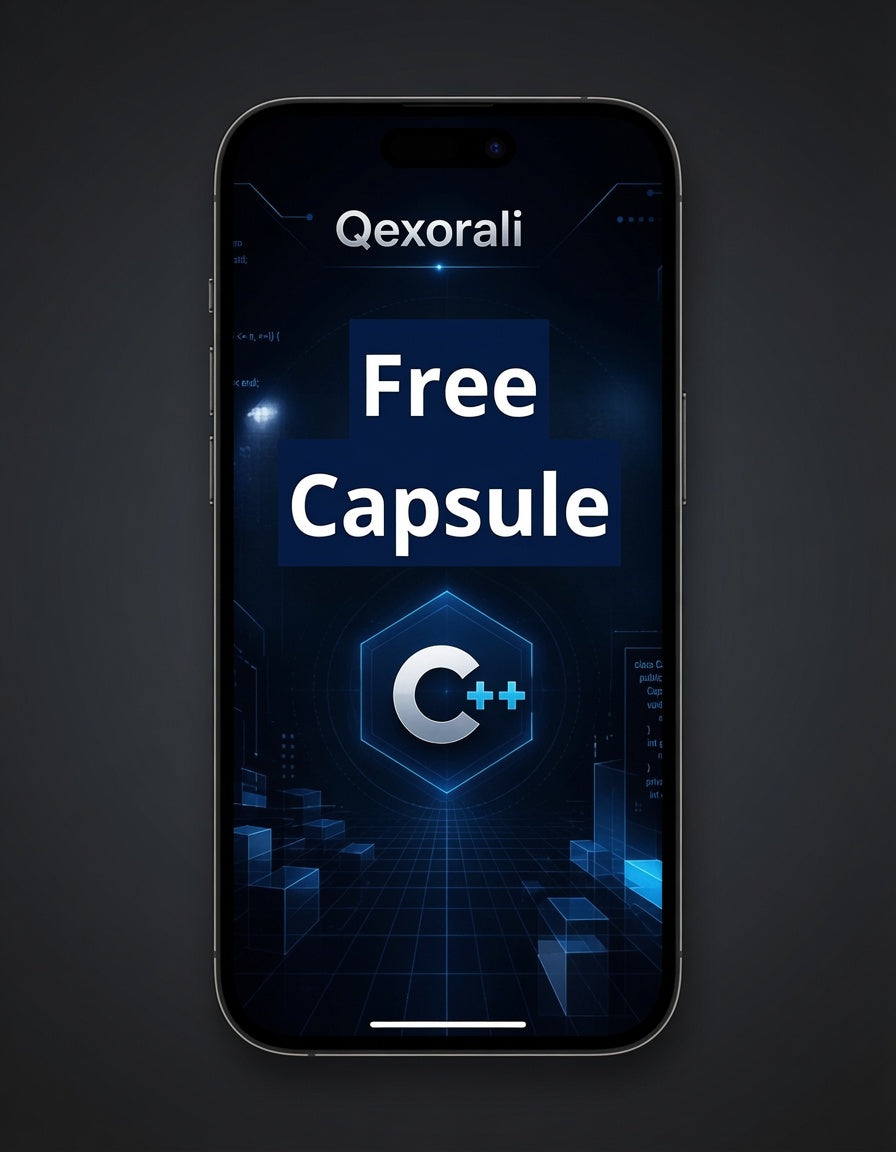 A smartphone centered on a dark background, displaying a futuristic app-style screen with the text 'Qexorali Free Capsule' and a glowing blue 'C+' icon.