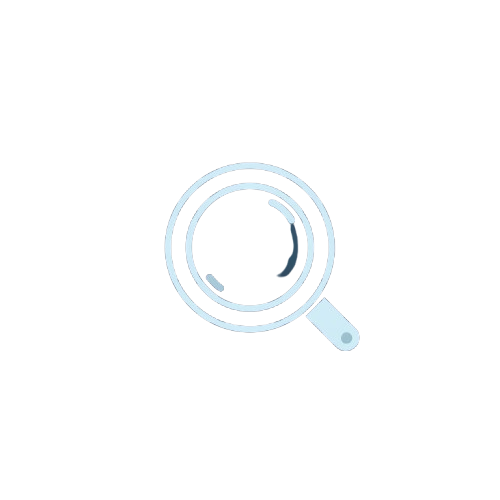 A minimalist light blue line icon of a magnifying glass on a solid white background.