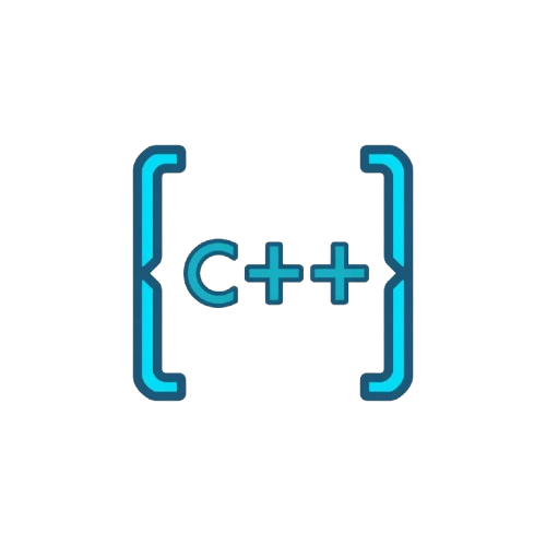 A blue and cyan digital icon representing C++ programming, featuring a curly brace enclosing 'C++' in the center, isolated on a solid white background.
