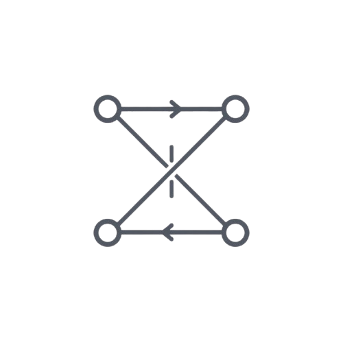 A minimalist dark gray vector icon depicting a bi-directional or toggle switch with four nodes and arrows on a solid white background.