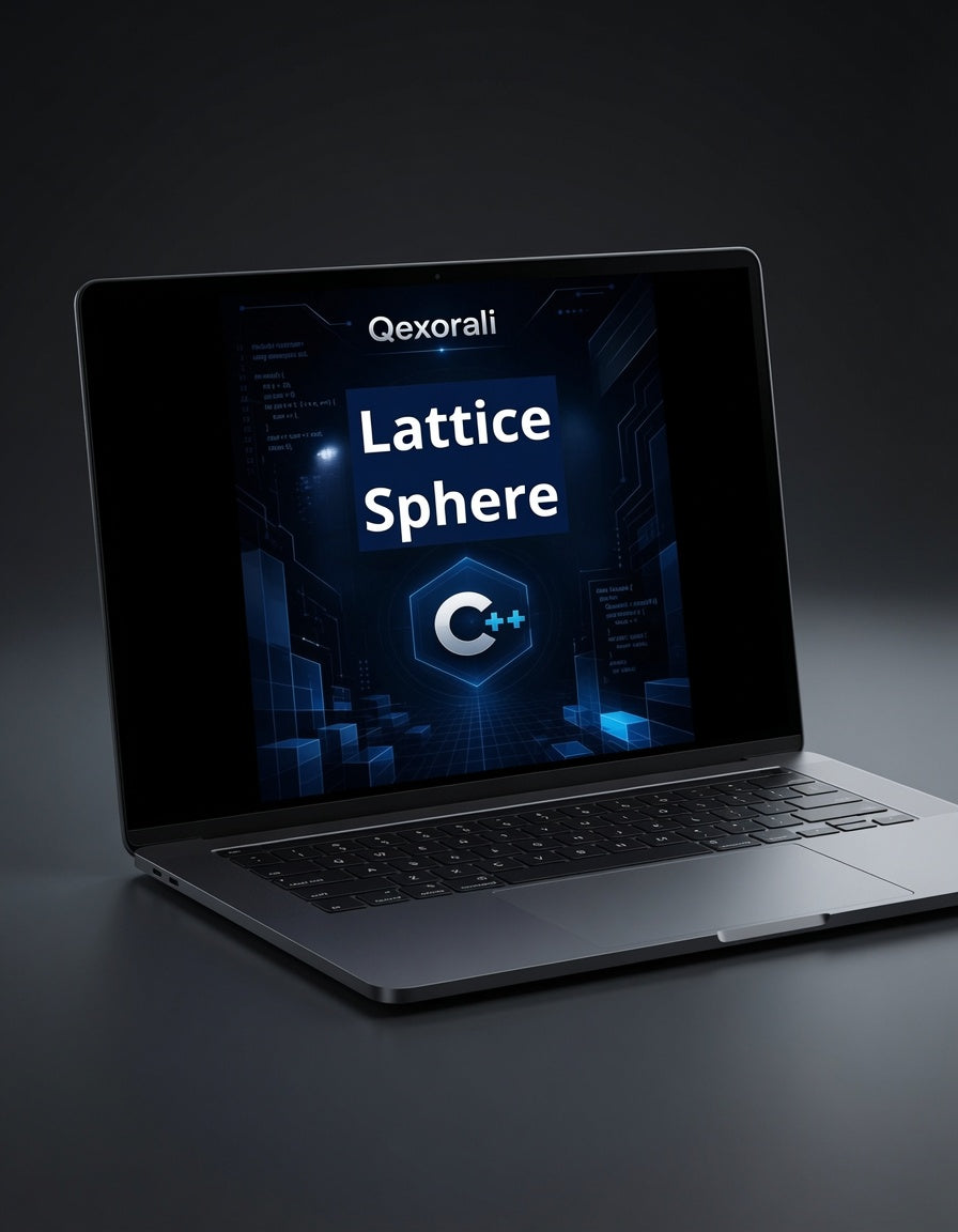 A dark gray laptop on a dark surface, displaying a screen with the text 'Qexorali Lattice Sphere' and a C++ logo.