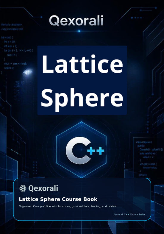 Book cover for 'Lattice Sphere' from the Qexorali C++ course series, featuring a dark blue and black futuristic digital design with white and blue text and a glowing C++ logo.