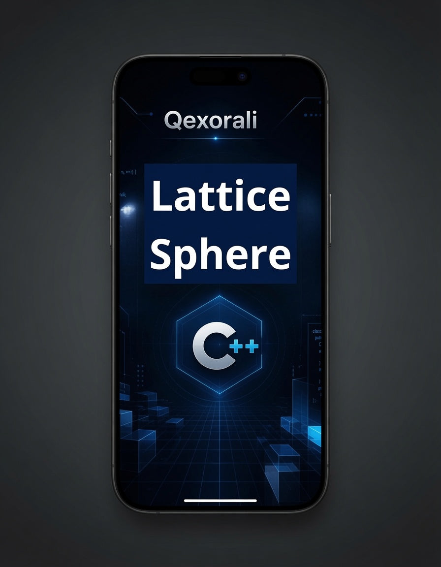 A smartphone centered on a dark gray background, displaying a futuristic blue app or digital interface with the text 'Qexorali' and 'Lattice Sphere' plus a glowing C++ logo.