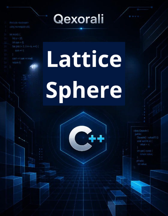 Digital cover graphic for 'Qexorali Lattice Sphere C++', featuring a dark blue futuristic tech background with circuitry, glowing blue geometric blocks, and large white text.