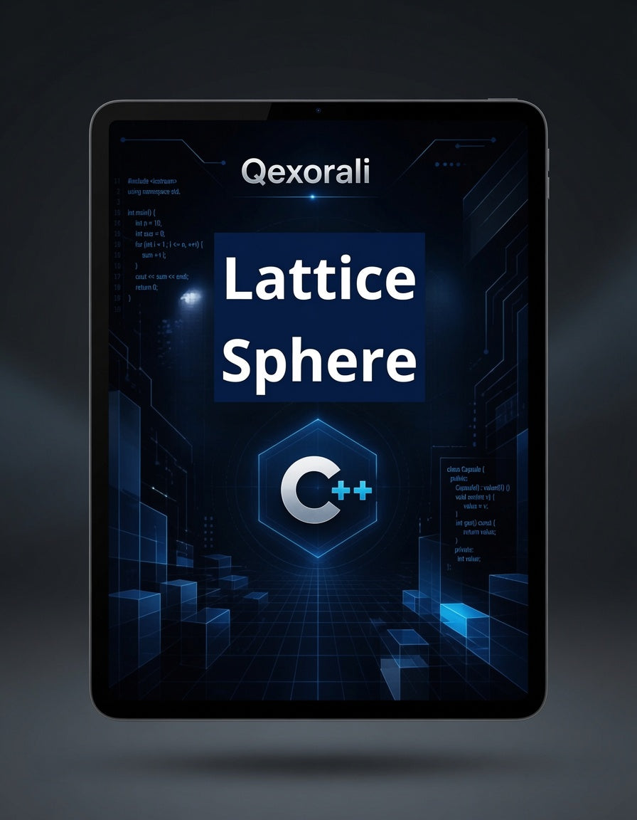 A tablet device centered on a dark gradient background, displaying a digital cover titled 'Qxorali Lattice Sphere' with blue and white graphics and a C++ logo.