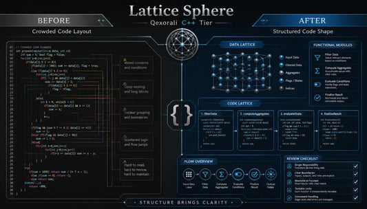 A digital infographic titled 'Lattice Sphere' comparing a 'Before' crowded code layout with an 'After' structured code shape, using a dark theme with blue highlights and code snippets.