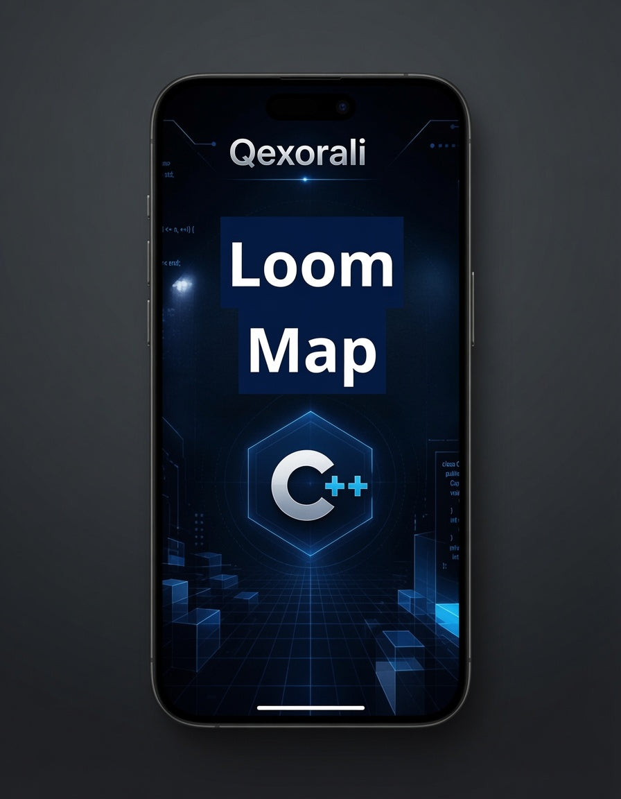 A smartphone centered on a dark gray background, displaying a futuristic blue app interface titled "Qexorali" and "Loom Map" with a glowing C++ logo.