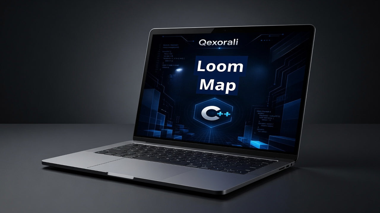 A silver laptop shown open on a dark studio background, with the screen displaying the text 'Qexorali' and 'Loom Map' along with a blue tech-style graphic.