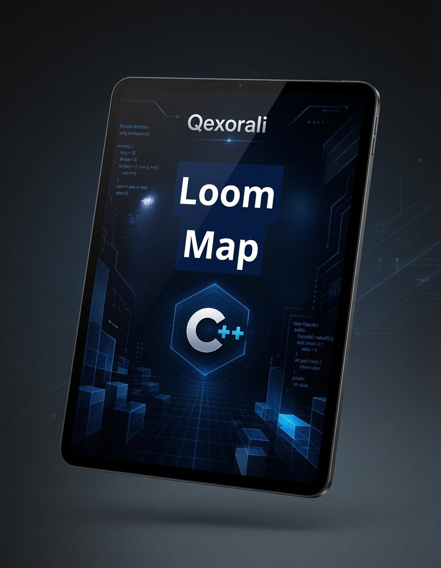 A tablet device shown at an angle against a dark blue and black background, displaying the text 'Qexorali Loom Map' and a glowing C++ logo on its screen.