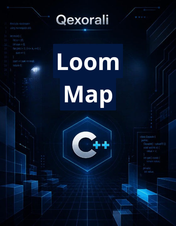 Digital cover graphic for 'Qexorali Loom Map C++', featuring a dark blue and black futuristic tech background with circuit board patterns, white and blue text, and a prominent C++ logo.