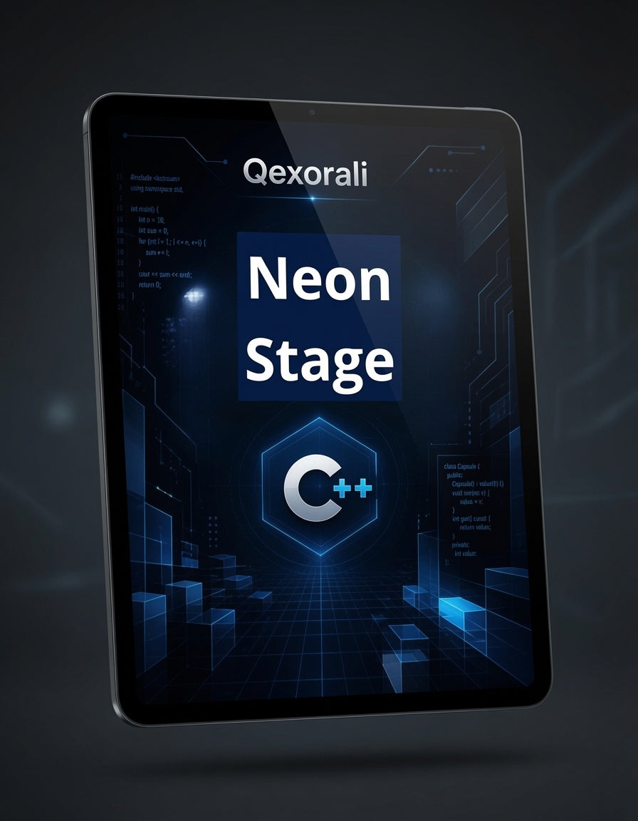 A tablet device shown at an angle against a dark, futuristic background. The screen displays the text 'Qexorali Neon Stage' with a glowing blue C++ logo and abstract digital city graphics.