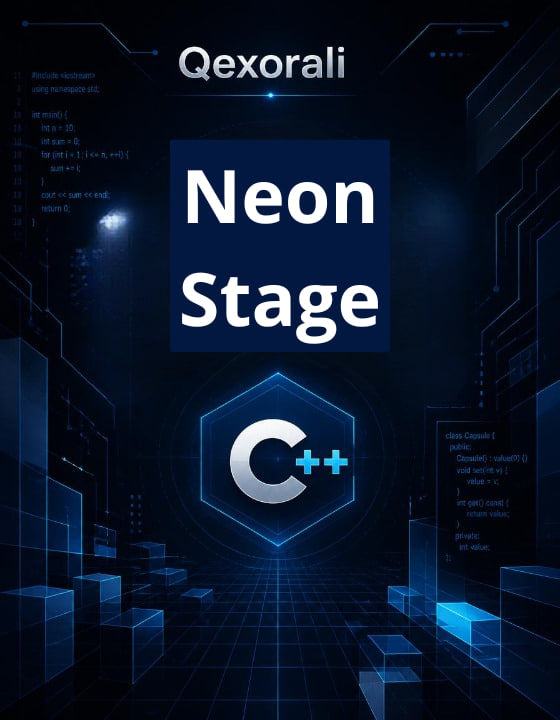 Digital cover graphic for 'Qexorali Neon Stage C++', featuring a dark blue and black futuristic circuit board background with glowing blue geometric structures, white text, and a prominent C++ logo.