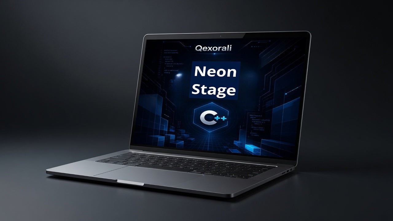 A dark gray Qexorali laptop shown open on a dark studio background, with the screen displaying the text 'Qexorali Neon Stage' and a glowing blue C++ logo.