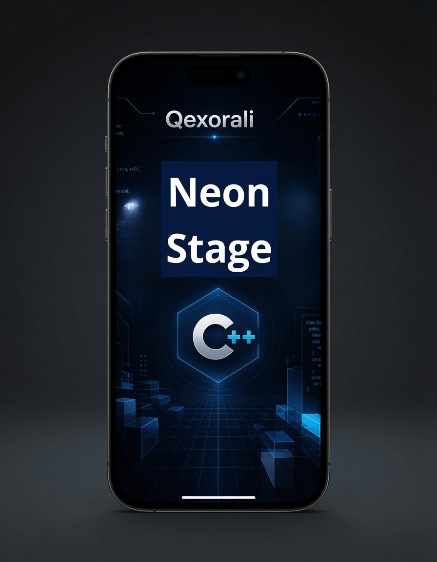 A smartphone centered on a dark studio background, displaying a futuristic blue and black interface with the text 'Qexorali', 'Neon Stage', and a large 'C++' logo.