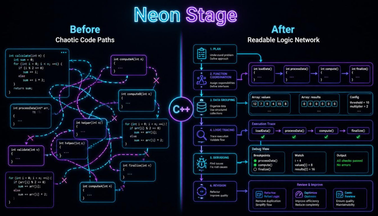 A digital infographic titled 'Neon Stage' comparing 'Before' and 'After' software development states. The left side, labeled 'Before' with 'Chaotic Code Paths', shows a tangled web of glowing neon code snippets and lines on a black background.
