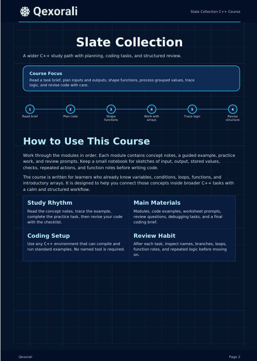 A dark navy digital cover page for the Qexorali 'Slate Collection' C++ course, featuring white and light blue text blocks outlining course focus, learning objectives, usage instructions, and study tips.