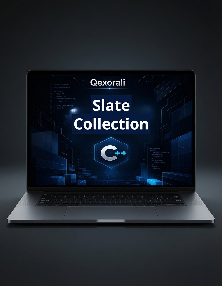 An open silver laptop on a dark studio background, displaying a digital interface with the text 'Qexorali Slate Collection' and a blue tech-style graphic.
