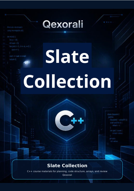 Digital cover for 'Slate Collection' by Qexorali, featuring a dark blue and black futuristic C++ themed background with the C++ logo in the center.