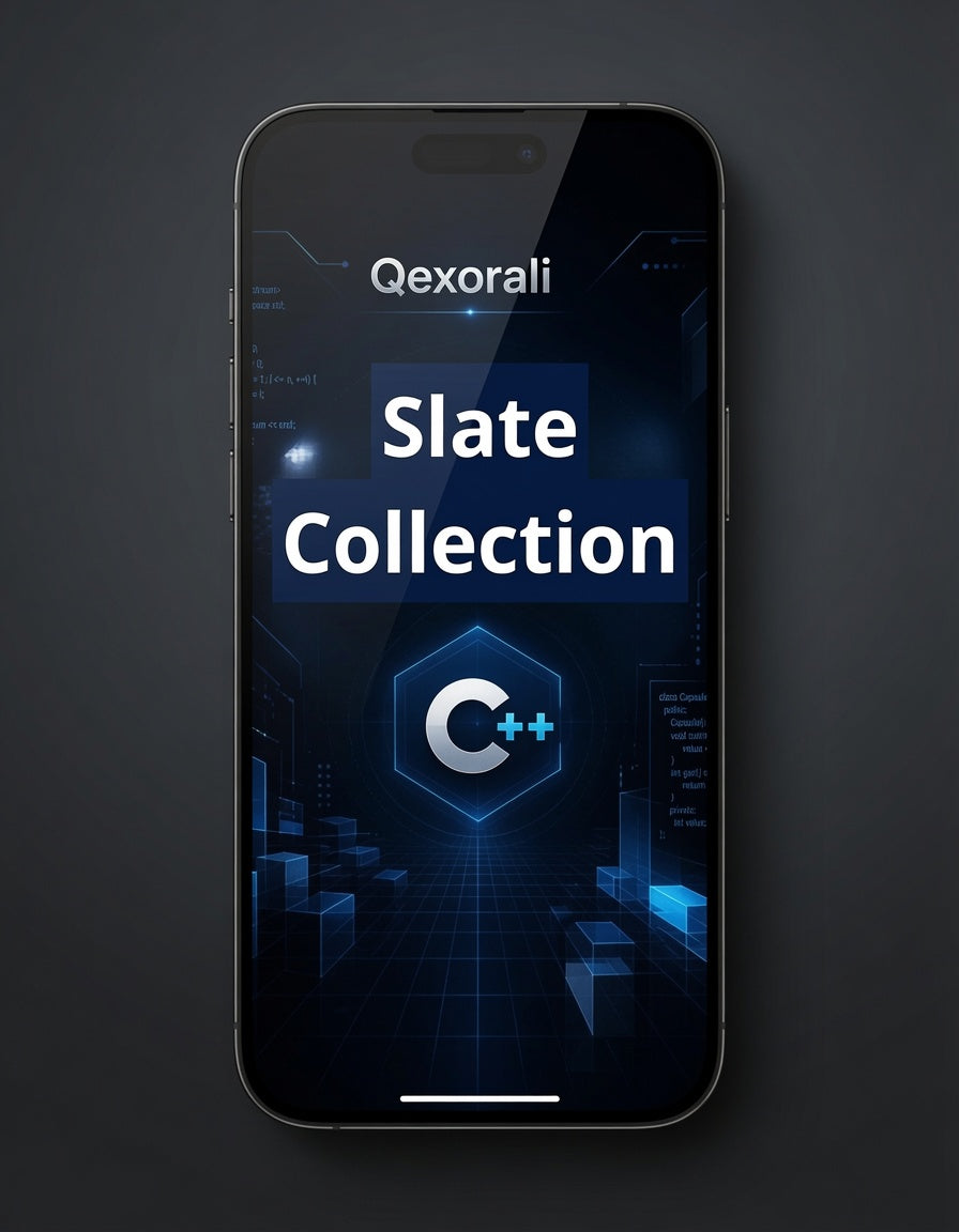 A smartphone centered on a dark gray background, displaying a futuristic blue interface with the text 'Qexorali' and 'Slate Collection' plus a hexagonal 'C++' logo.