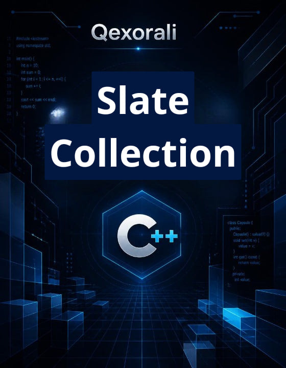 Digital promotional graphic for the Qexorali Slate Collection, featuring a dark blue and black futuristic tech background with circuitry, glowing blue blocks, and large white text reading 'Qexorali' and 'Slate Collection'. A stylized 'C++' logo is centered near the bottom.