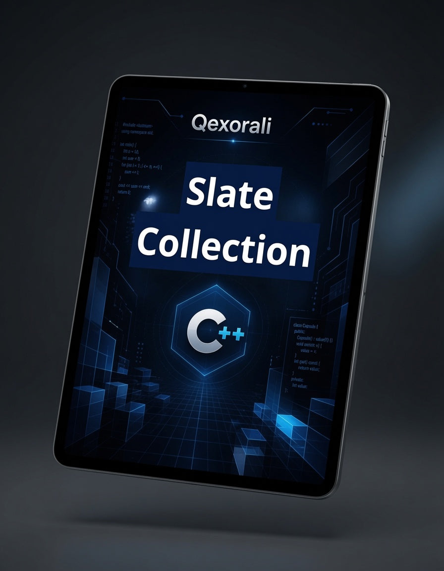 A tablet device shown at an angle against a dark studio background, displaying a digital cover for 'Qxorali Slate Collection C++'. The screen features a futuristic dark blue and black design with glowing blue geometric elements and white text.